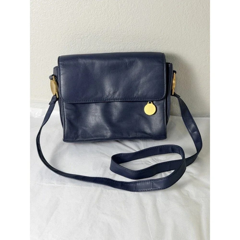 Vintage Jennifer Moore Navy Blue Leather Crossbody Shoulder Bag Gold Hardware
